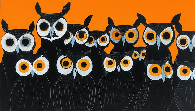 A parliament of peculiar owls peers out with mesmerizing eyes. Their dark silhouettes contrast sharply against a warm orange backdrop, evoking Halloween.
