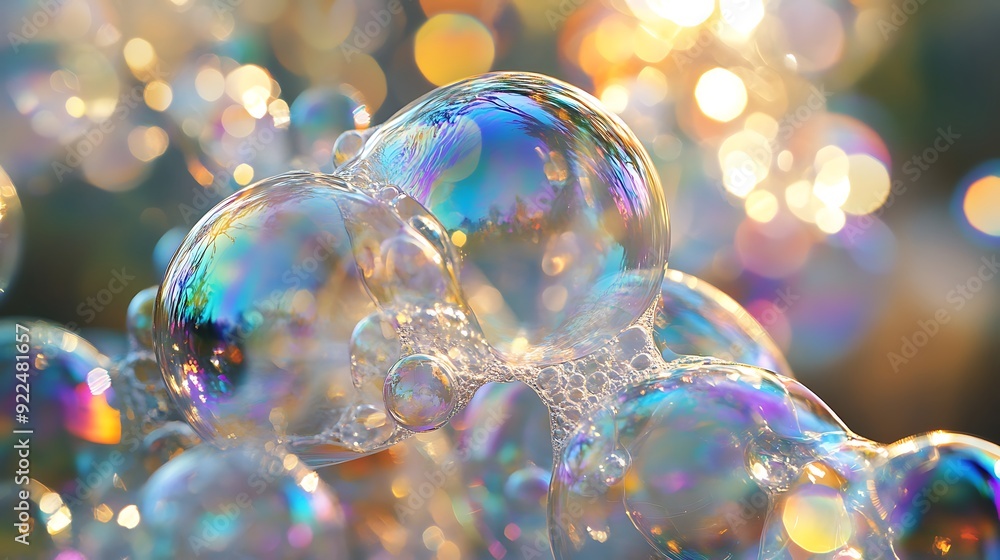 Poster close-up of iridescent soap bubbles with a bokeh background