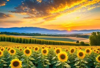 Obraz premium vibrant sunflower field under clear blue sky lush greenery bright yellow blooms spreading across landscape, nature, summer, plant, petal, agriculture, beauty