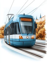 Blue Tram Moving Through Cityscape