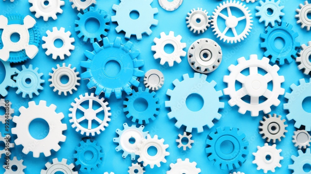 Poster illustrate a shape that appears to be made up of interlocking gears, with each cog turning in harmon