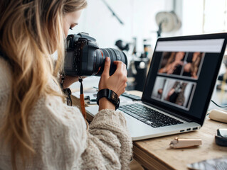 Naklejka premium A woman is taking a picture with a camera while looking at a laptop