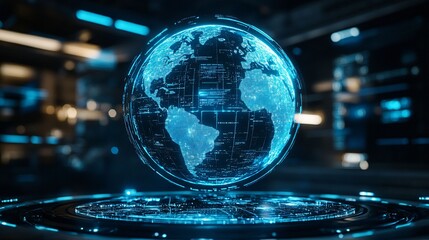 A holographic digital globe with illuminated continents, showcasing global data and connectivity in a futuristic, high-tech environment.
