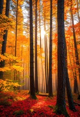 Fototapeta premium breathtaking pine woods surrounded vibrant autumn foliage showcasing kaleidoscope colorful leaves scenic natural beauty, trees, landscape, nature, forest