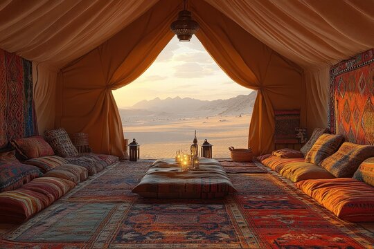 traditional bedouin tent interior richly detailed tapestries and intricate rugs warm golden light stark desert landscape visible through opening