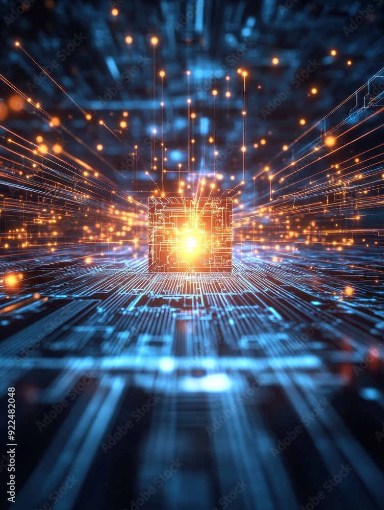 Poster a glowing microchip in a futuristic circuit board, representing advanced technology and innovation w