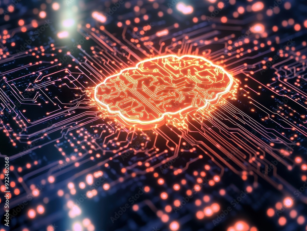Poster A glowing digital brain over a circuit board, symbolizing artificial intelligence and the intersection of technology and neural networks.