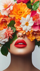 Woman wearing vibrant flower crown covering eyes and bold red lipstick. Floral fashion art concept with colorful petals. Surreal beauty portrait.