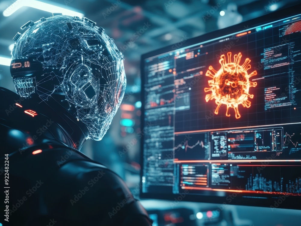 Aufkleber A futuristic cyborg analyzing a digital virus on a high-tech screen in a cyberpunk lab, highlighting the intersection of AI and cybersecurity.