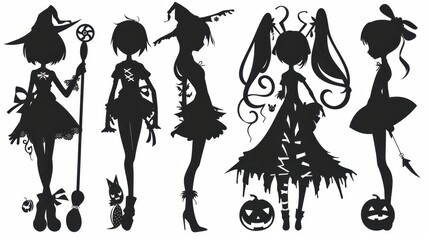 Design black silhouette illustrations of spooky Halloween gothic shirt in various activities 