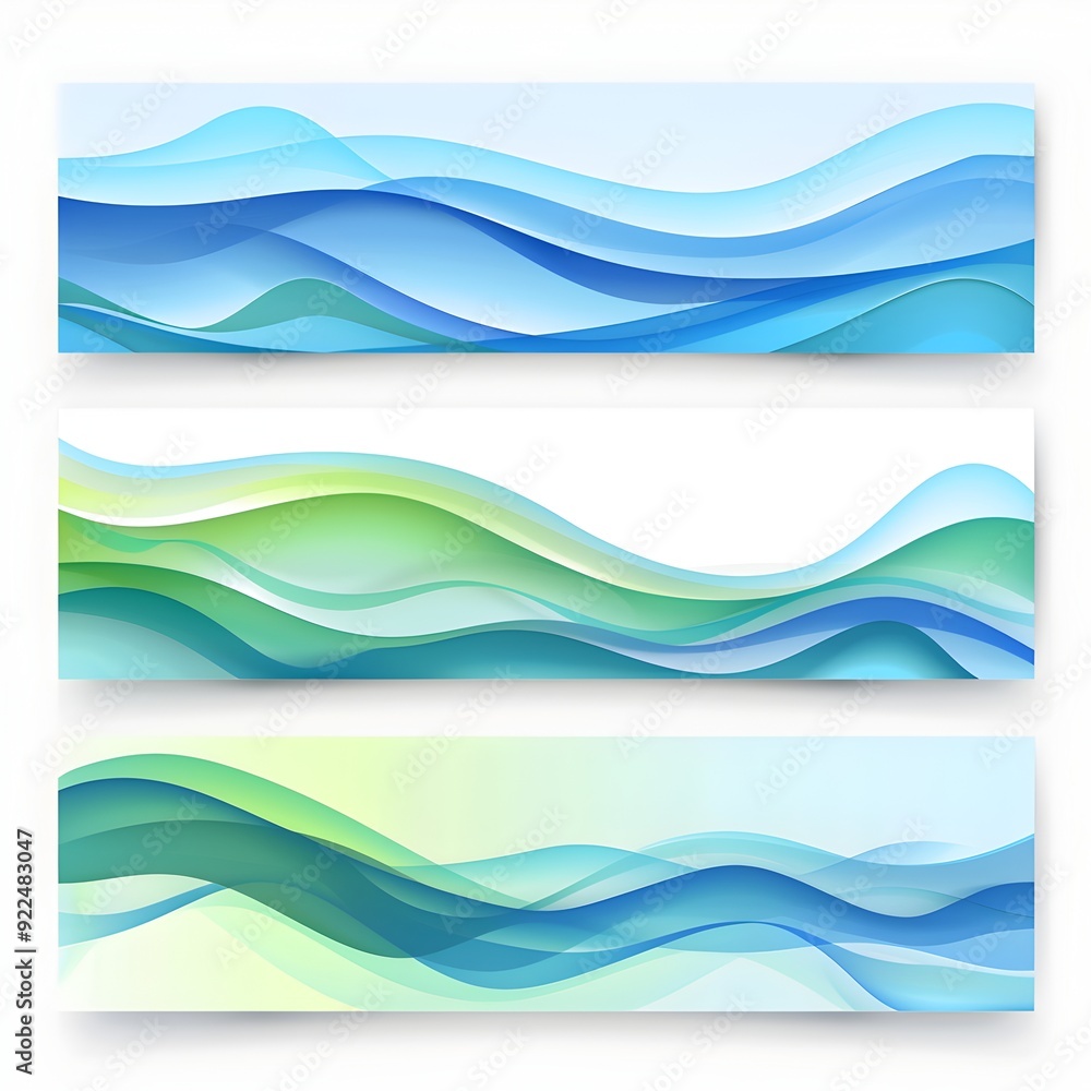 Poster abstract vector banner set with blue and green wavy lines on a white background, with a simple desig