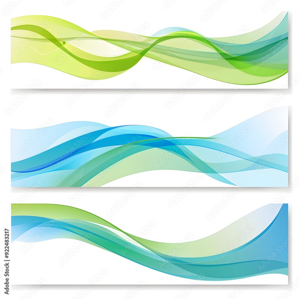 Aufkleber abstract vector banner set with blue and green wavy lines on a white background, with a simple desig