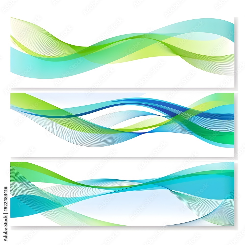 Poster abstract vector banner set with blue and green wavy lines on a white background, with a simple desig