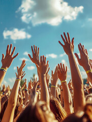 A group of people are holding up their hands in the air