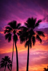 vibrant palm tree silhouettes stunning bright sunset color palette, sky, nature, tropical, horizon, landscape, sunlight, dusk, scene, atmosphere, exotic