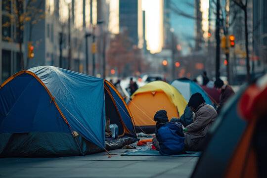 Homeless tent on the street in the civilization city, Homeless camping among the crowded in the town.