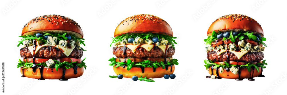 Wall mural Set of Blue cheese and Beef Burger with juicy patty, isolated over on transparent white background