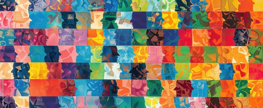 Poster a pattern of small squares in different vibrant colors, each containing the outline of people's head