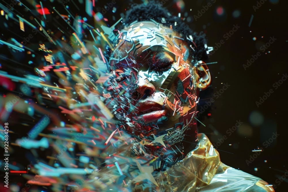 Poster fragments of light and colors surround a person's face, creating a mesmerizing effect that explores 