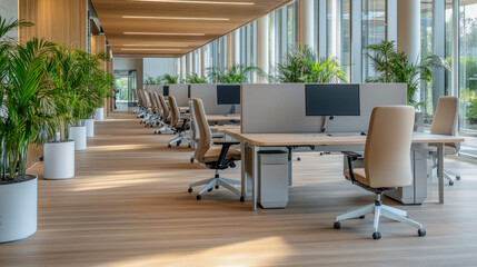 illustration of modern open-plan office with plants and plenty of seating