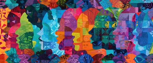 A vibrant, colorful collage of various faces and shapes in shades of blue, green, red, purple arranged on top of each other to create an abstract representation of the human race Generative AI