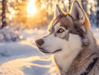 Naklejka premium A dog with a blue eye is standing in the snow
