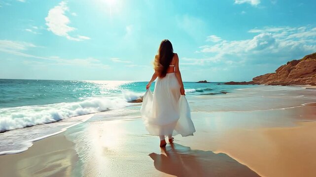 Woman in a white dress fluttering in the wind on a beach. Summertime getaway. Sand Sand Sea Sunshine Sky Beach