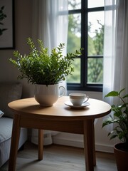 A small table with a white cup. There are some green potted plants next to the table. Peaceful and harmonious scene makes people feel comfortable. AI generated. 