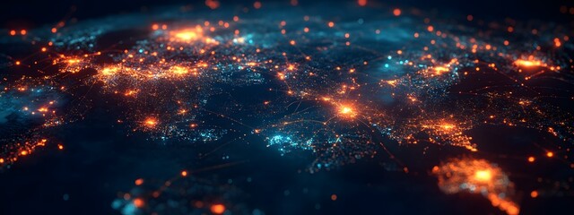 Fototapeta premium A digital map of the world with glowing connections between cities, representing global connectivity and data transfer across national borders