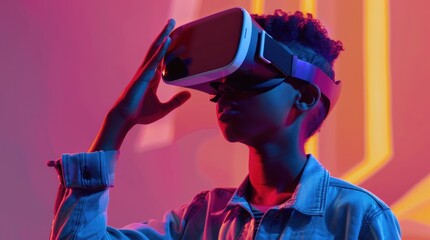 Man have fun with vr glasses. Guy play virtual reality game. Futuristic neon colorful background. Cyber space future. Digital technology entertainment. Metaverse simulation world. Gadget set, goggles.