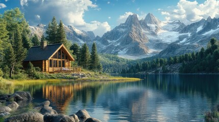 Cabin by the Lake in the Mountain