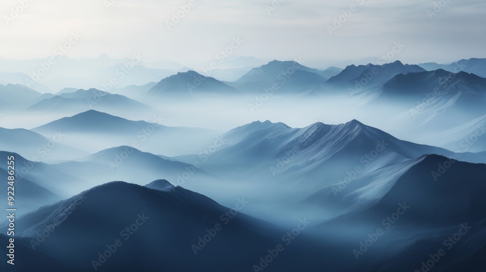 Poster A misty mountain range with layers of ridges fading into the distance, creating a sense of mystery and depth in the landscape.