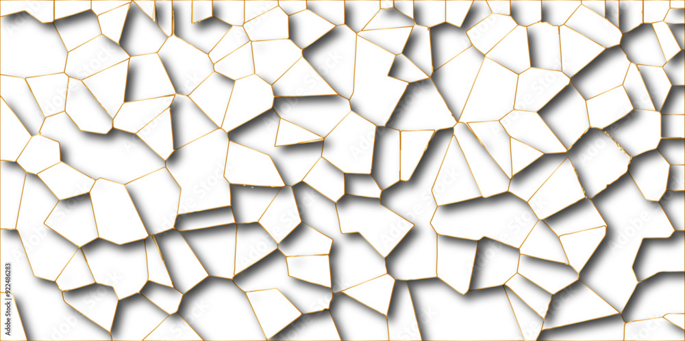 Poster Abstract white paper cut shadows background realistic crumpled decoration textured with multi layers.Broken tiles mosaic seamless pattern.white gravel with golden line wallpaper. vector illustration.