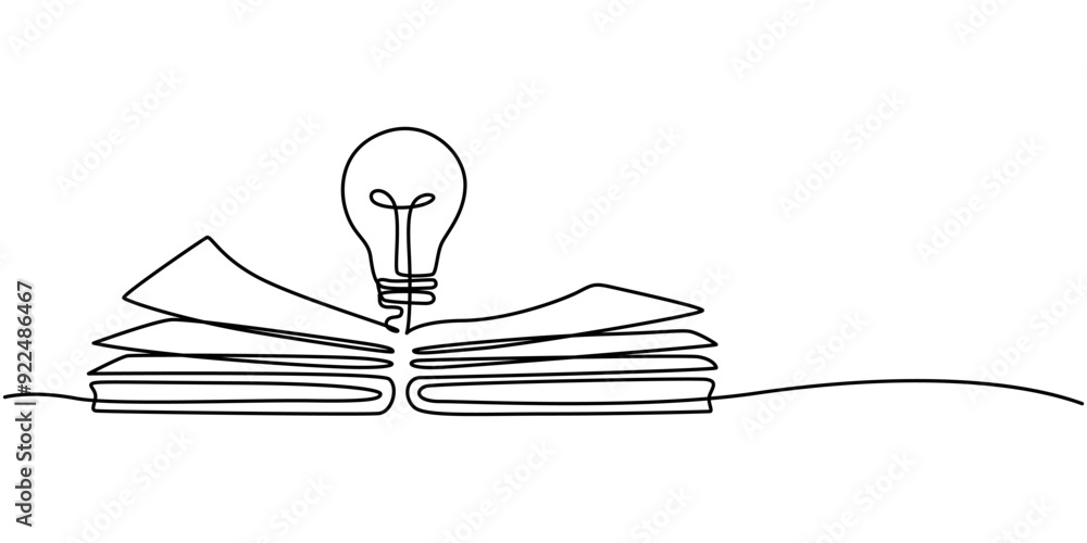 Poster light bulb above book continuous one line art drawing. line drawing open book with lamp idea symbol.