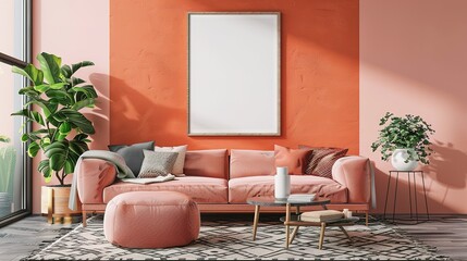 Modern Living Room Interior with Pink Sofa and Blank Canvas