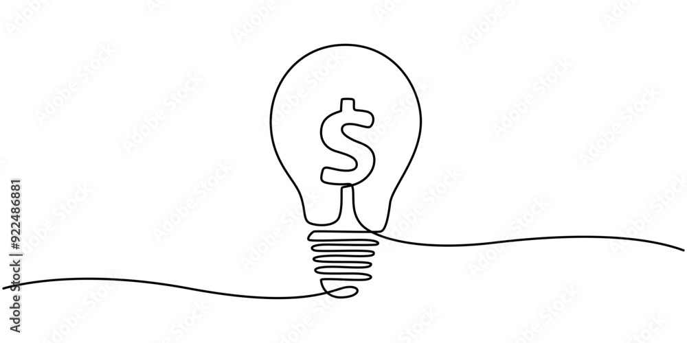 Poster single one line drawing bulb with dollar sign. financial technology concept. continuous line draw de