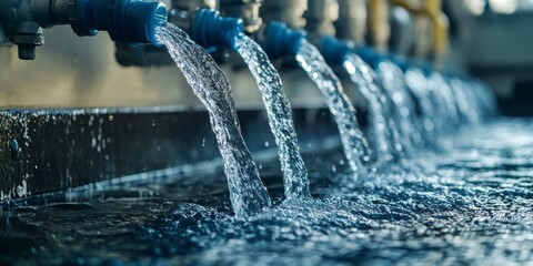 A vibrant and dynamic view of water steadily flowing from industrial pipes, showcasing both efficiency and fluidity