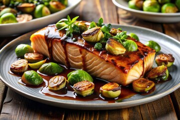 Freshly grilled salmon fillet served atop a bed of roasted Brussels sprouts, drizzled with a rich balsamic glaze and garnished with crispy garlic shards.