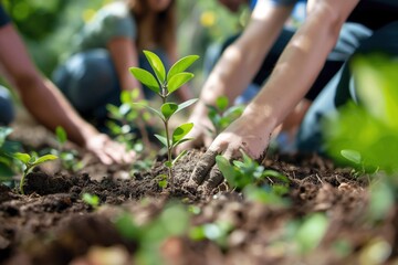 Closeup of hands planting a sapling in the dirt.