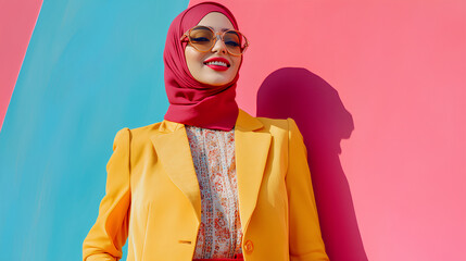 colorful and modern stylish fashion shoot of a muslim hijab woman in a dynamic