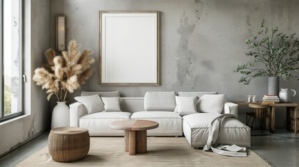 Modern living room with white couch, wooden coffee table and rug
