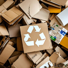 A pile of assorted paper and cardboard materials marked with the universal recycling symbol