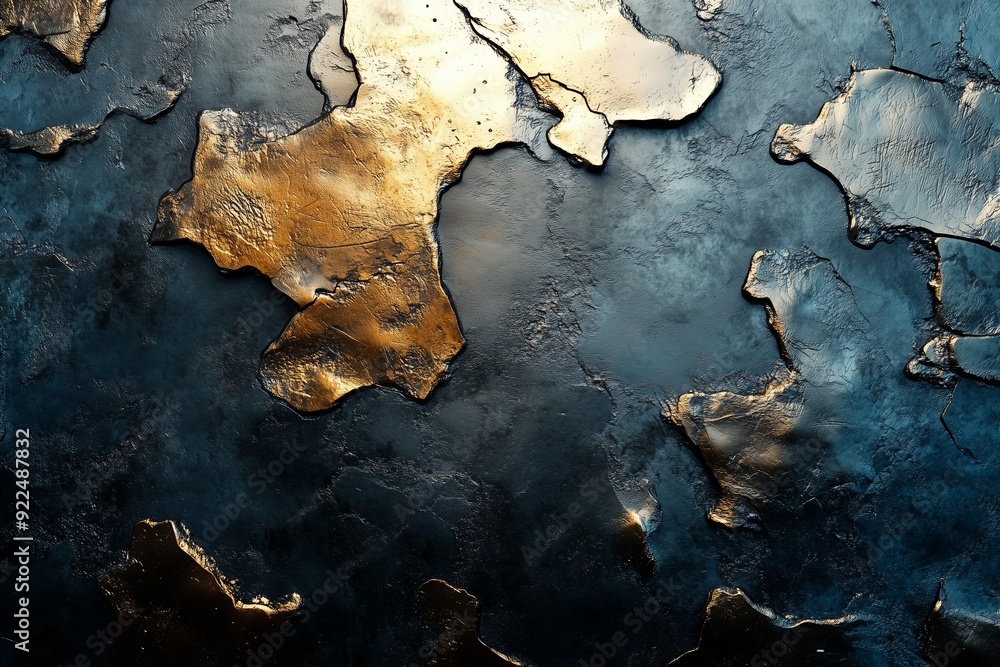 Poster textured blue and gold wall art with abstract patterns resembling a map in artistic design