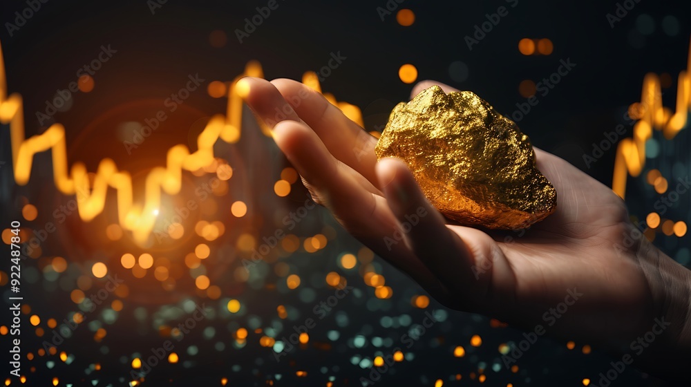 Poster golden nugget held in a hand with a blurred stock chart in the background