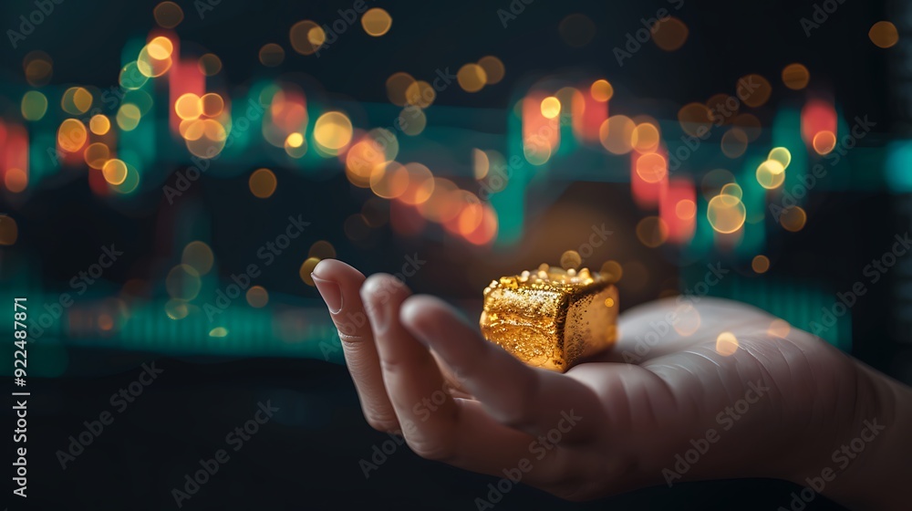 Poster golden cube in hand, bokeh background