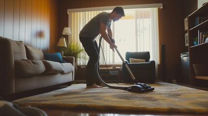 Fototapeta premium man vacuuming the carpet in his living room