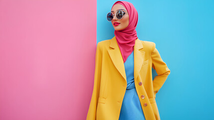 colorful and modern stylish fashion shoot of a muslim hijab woman in a dynamic