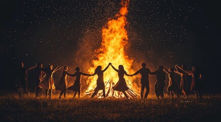 A group of people holding hands around a large bonfire on a starry night