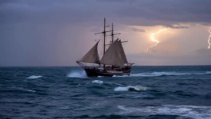 stormy ocean A three-masted sailing ship battles through rough seas under a stormy, dark sky. The ship's billowing sails strain pirates in rainy day thunder cinematic - Powered by Adobe