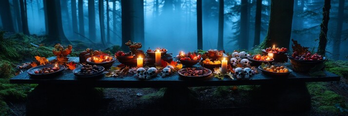 Atmospheric Samhain gathering in a mystical forest with autumnal feast and candlelight